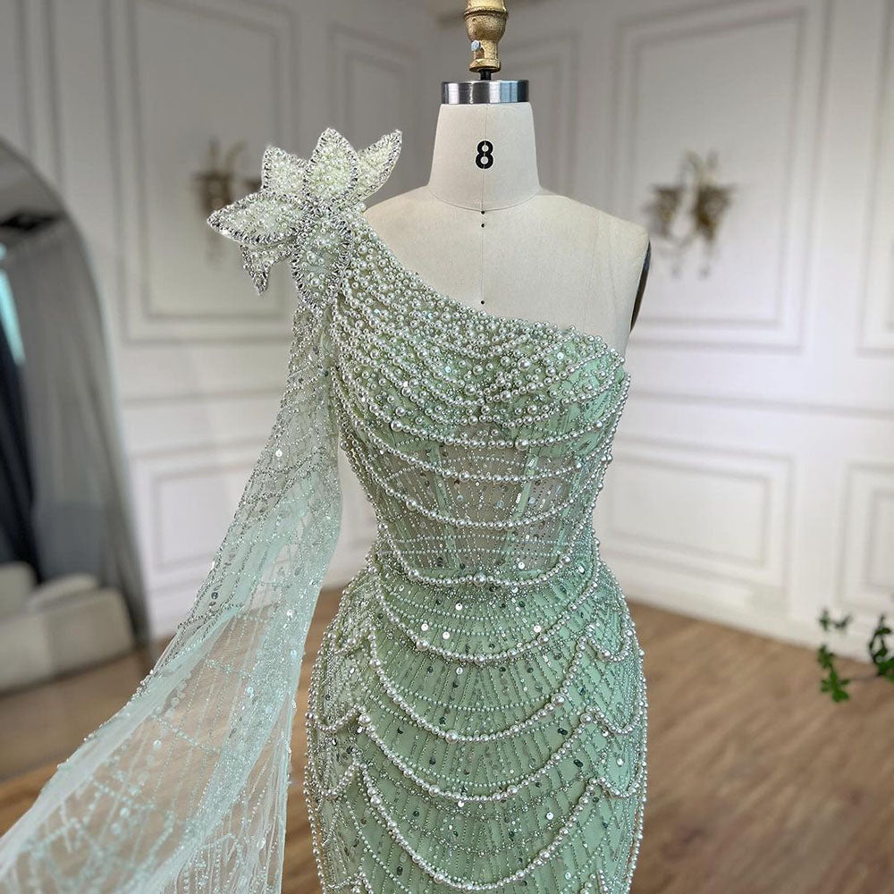 Luxury Sage Green One-Shoulder Pearls Beaded Evening Dress CLA72511