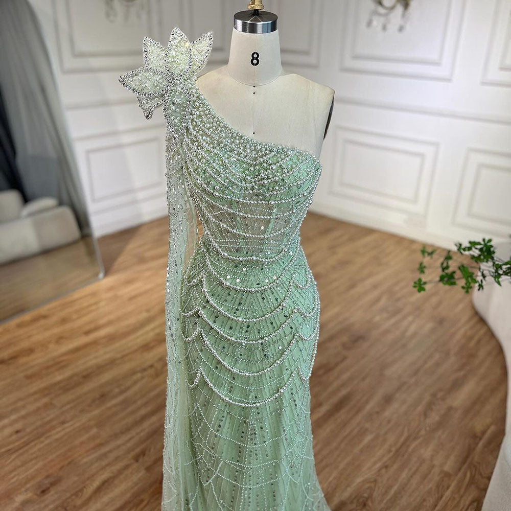Luxury Sage Green One-Shoulder Pearls Beaded Evening Dress CLA72511