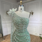 Luxury Sage Green One-Shoulder Pearls Beaded Evening Dress CLA72511
