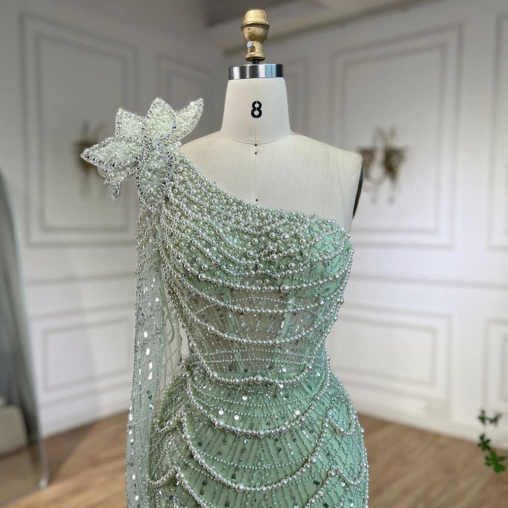 Luxury Sage Green One-Shoulder Pearls Beaded Evening Dress CLA72511