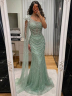 Luxury Sage Green One-Shoulder Pearls Beaded Evening Dress CLA72511