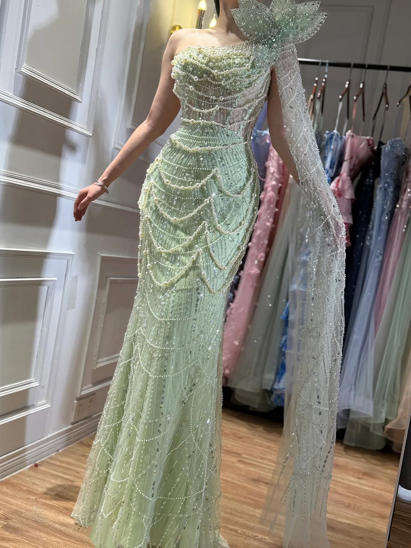 Luxury Sage Green One-Shoulder Pearls Beaded Evening Dress CLA72511