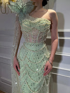 Luxury Sage Green One-Shoulder Pearls Beaded Evening Dress CLA72511