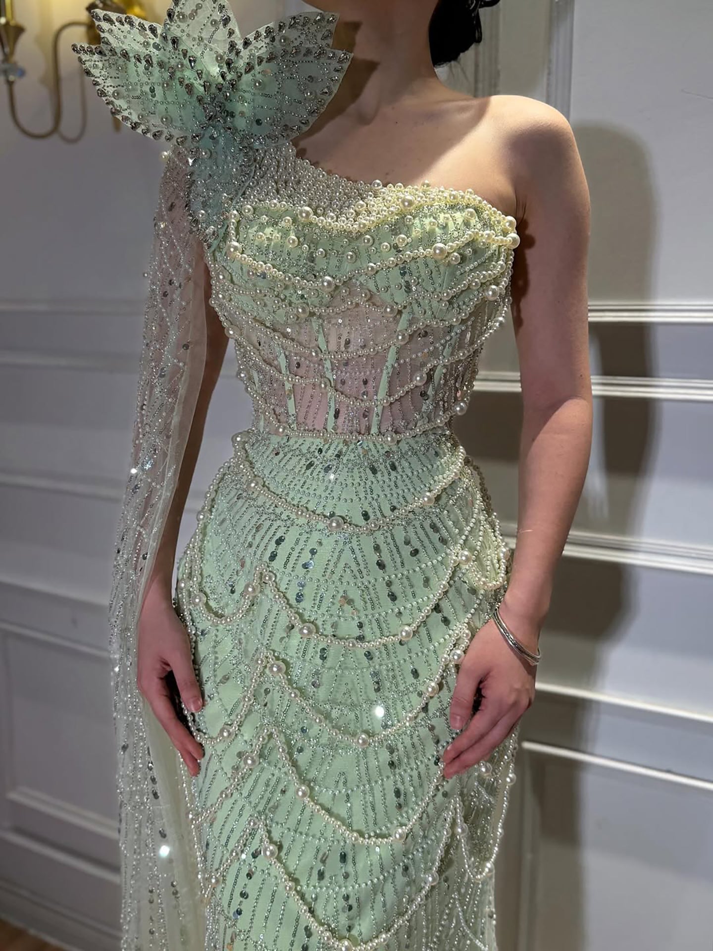 Luxury Sage Green One-Shoulder Pearls Beaded Evening Dress CLA72511