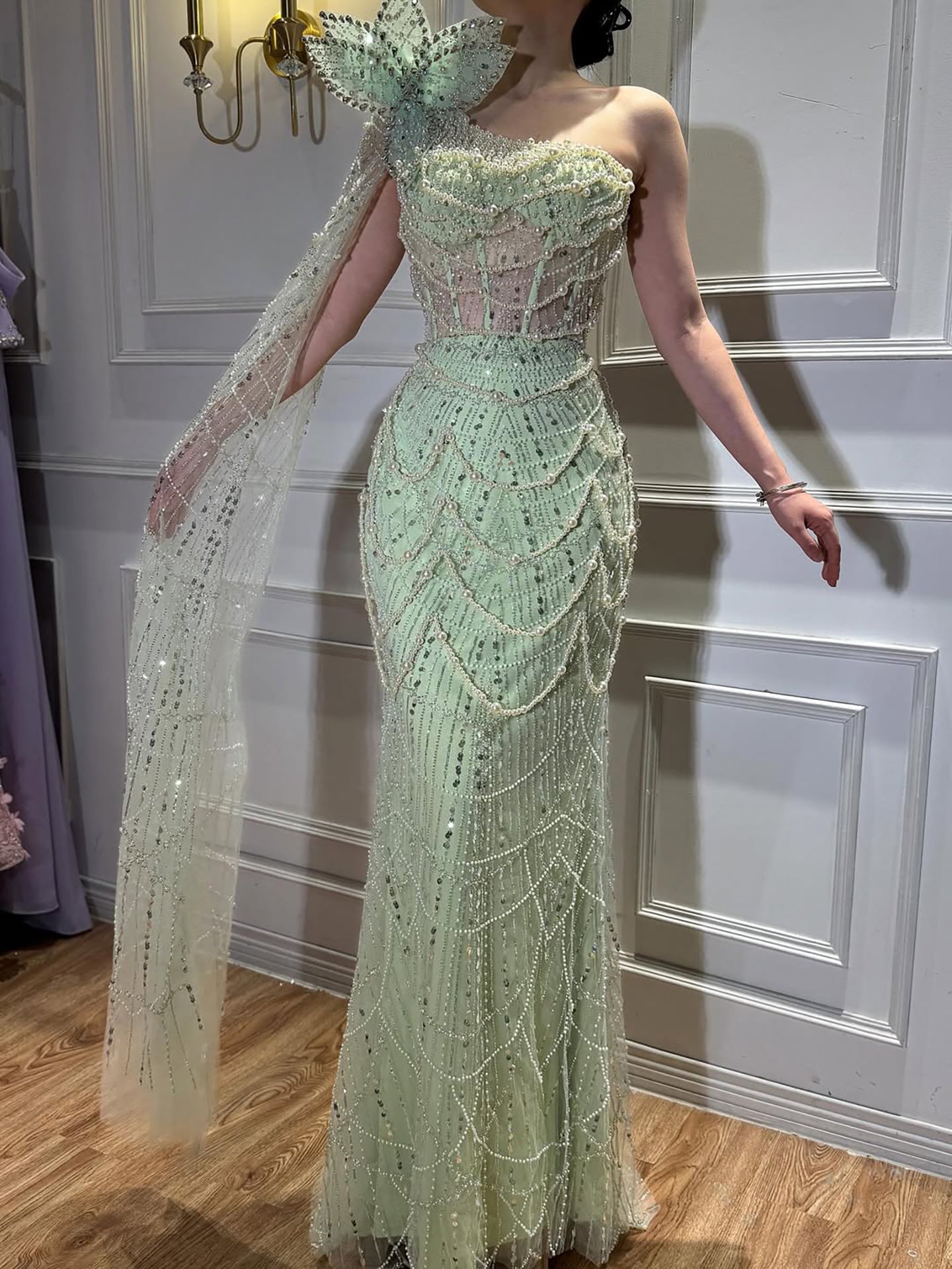 Luxury Sage Green One-Shoulder Pearls Beaded Evening Dress CLA72511
