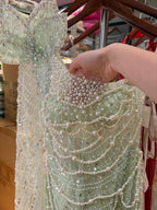 Luxury Sage Green One-Shoulder Pearls Beaded Evening Dress CLA72511