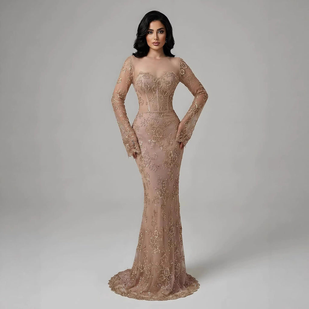 Arabic Lace Simple Style Long Sleeves Modest Mermaid Evening Dress CLA72545