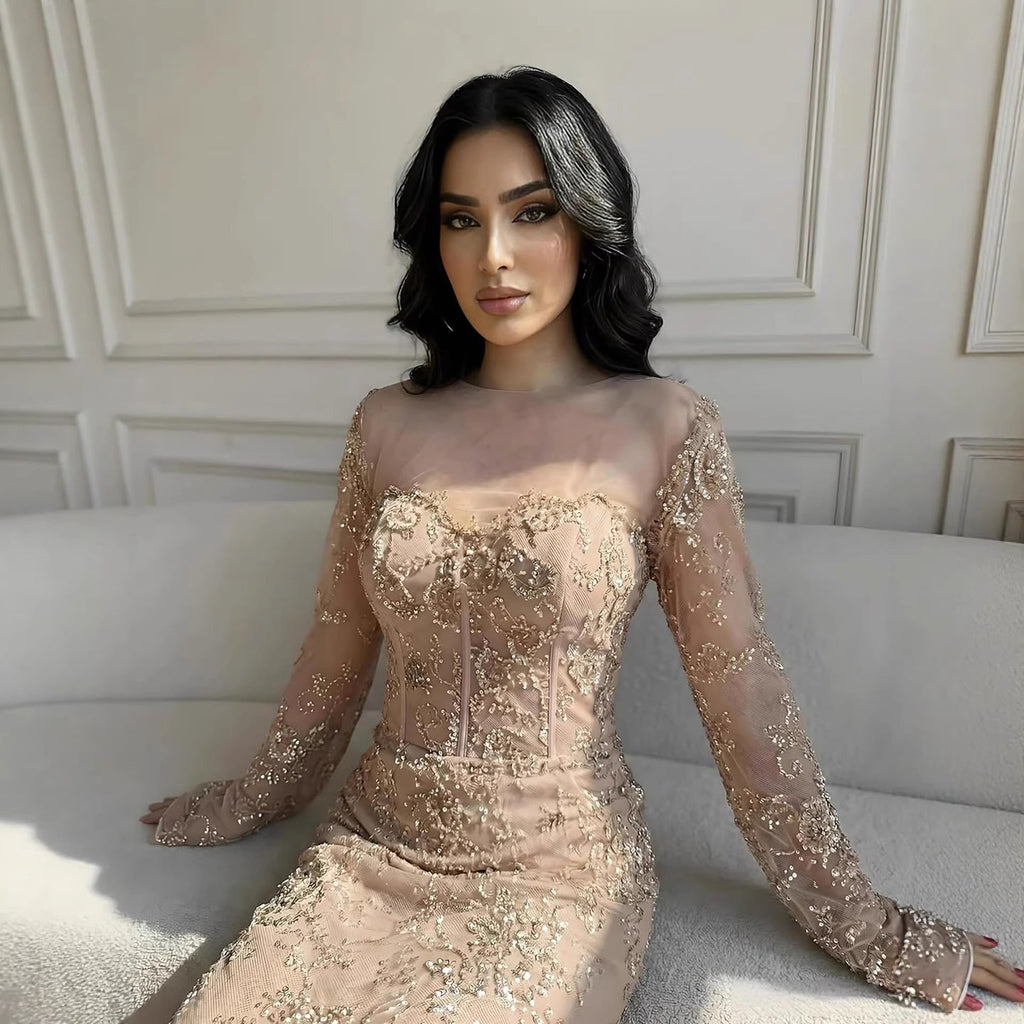 Arabic Lace Simple Style Long Sleeves Modest Mermaid Evening Dress CLA72545