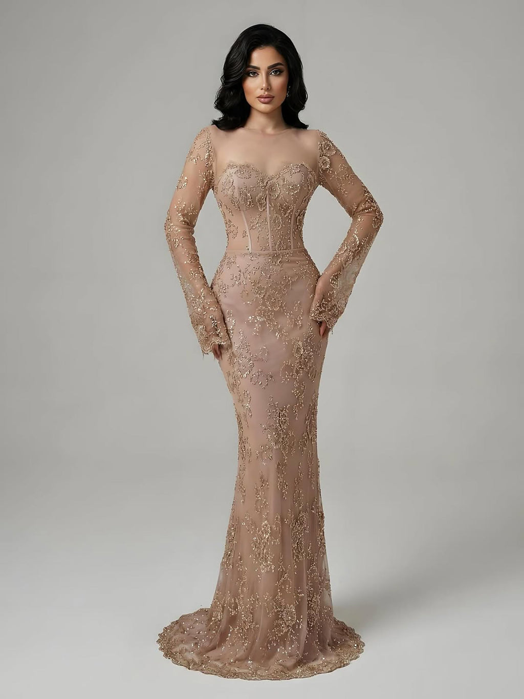 Arabic Lace Simple Style Long Sleeves Modest Mermaid Evening Dress CLA72545