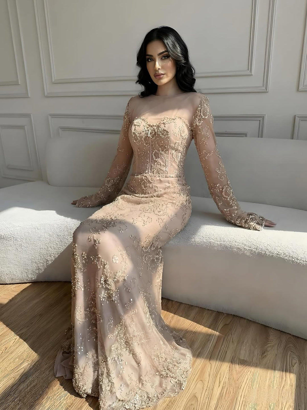 Arabic Lace Simple Style Long Sleeves Modest Mermaid Evening Dress CLA72545