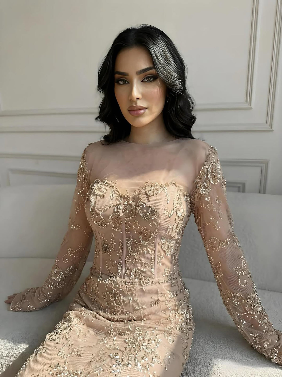 Arabic Lace Simple Style Long Sleeves Modest Mermaid Evening Dress CLA72545