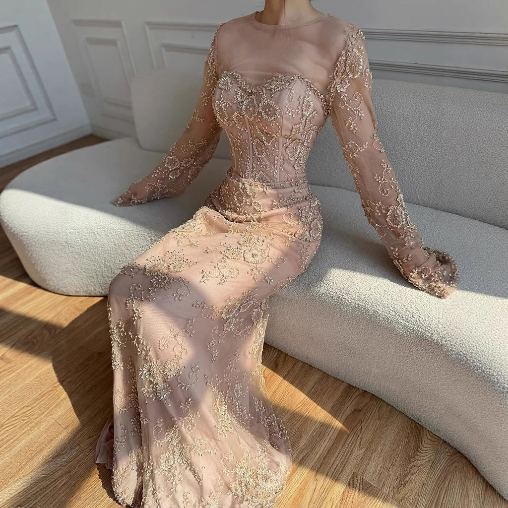 Arabic Lace Simple Style Long Sleeves Modest Mermaid Evening Dress CLA72545