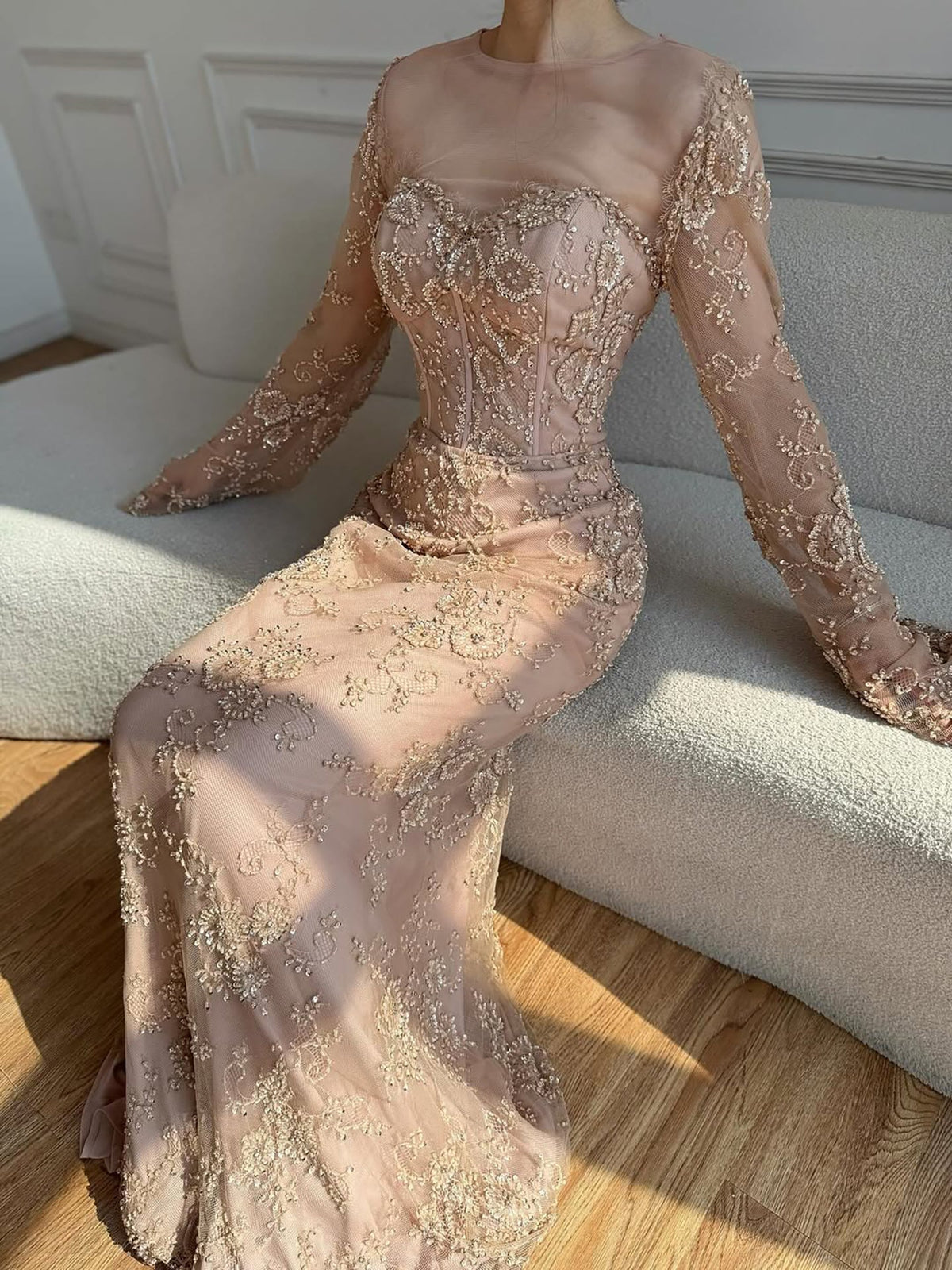 Arabic Lace Simple Style Long Sleeves Modest Mermaid Evening Dress CLA72545