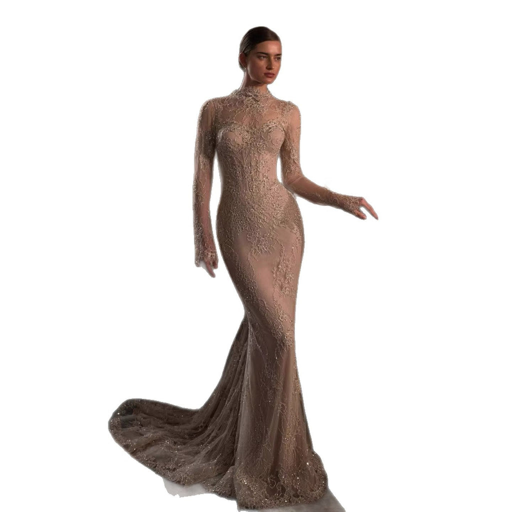 Luxury Nude Beaded Lace Long Sleeve Mermaid Evening Dress LA72545A