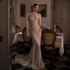 Luxury Nude Beaded Lace Long Sleeve Mermaid Evening Dress LA72545A
