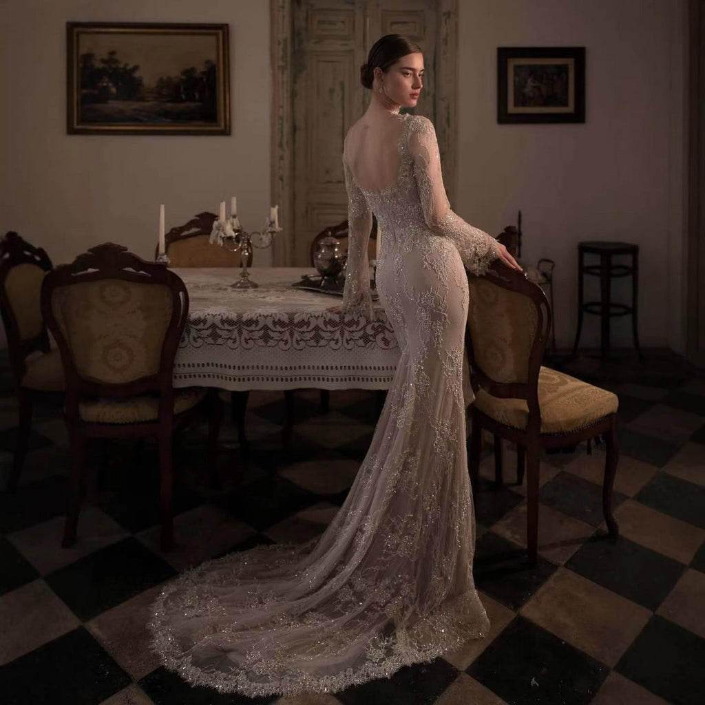 Luxury Nude Beaded Lace Long Sleeve Mermaid Evening Dress LA72545A