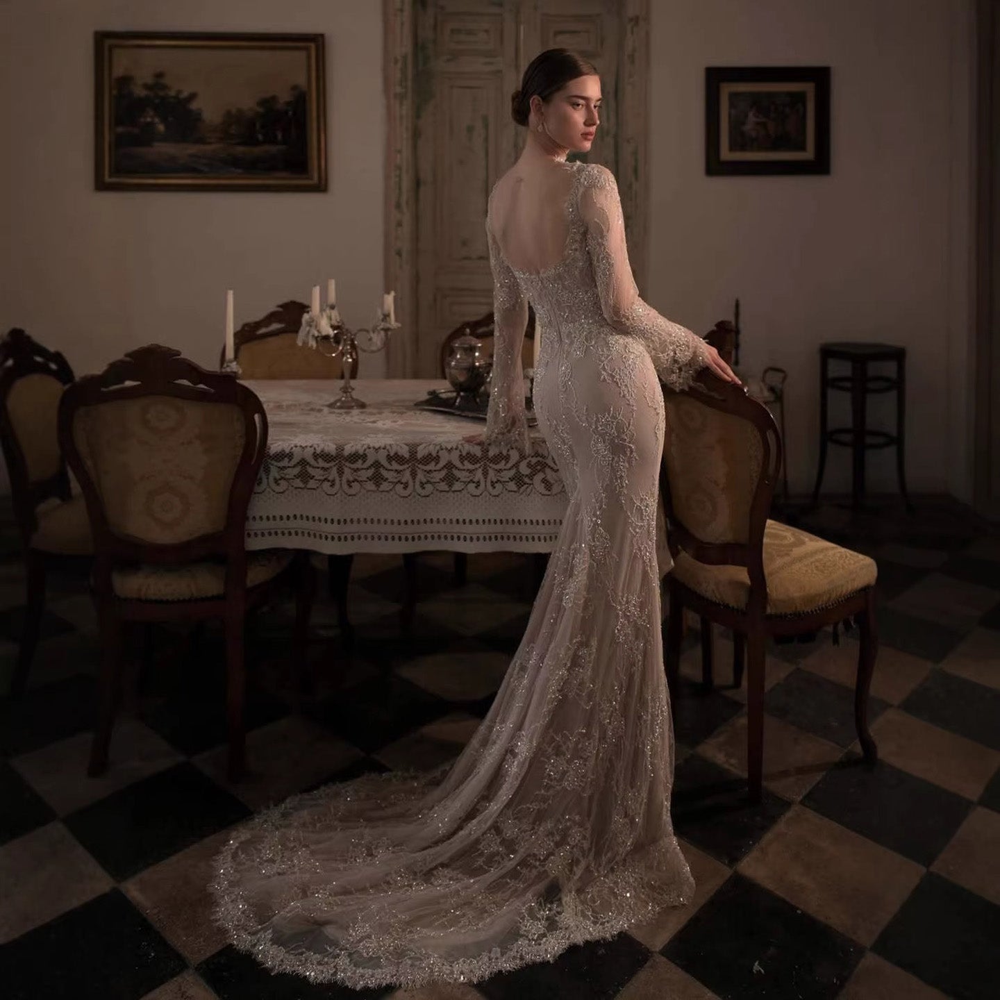 Luxury Nude Beaded Lace Long Sleeve Mermaid Evening Dress LA72545A