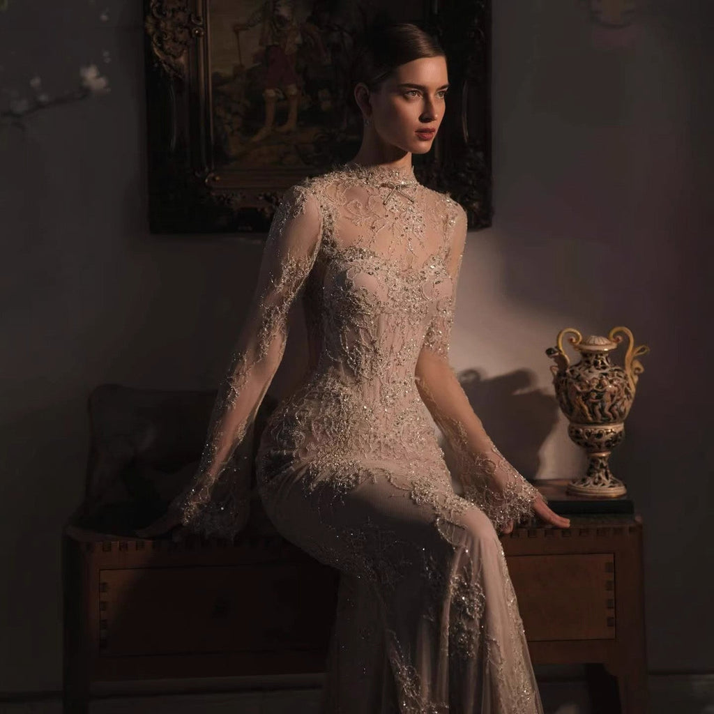 Luxury Nude Beaded Lace Long Sleeve Mermaid Evening Dress LA72545A