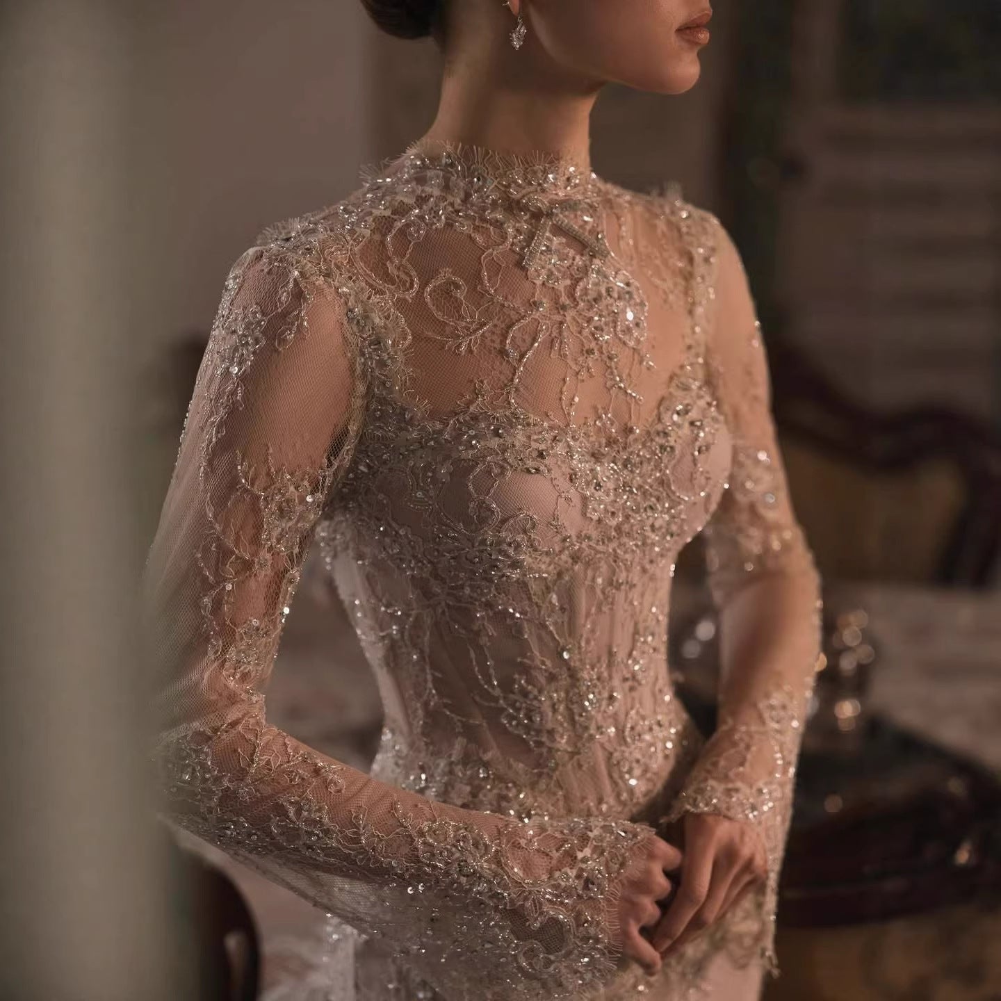 Luxury Nude Beaded Lace Long Sleeve Mermaid Evening Dress LA72545A