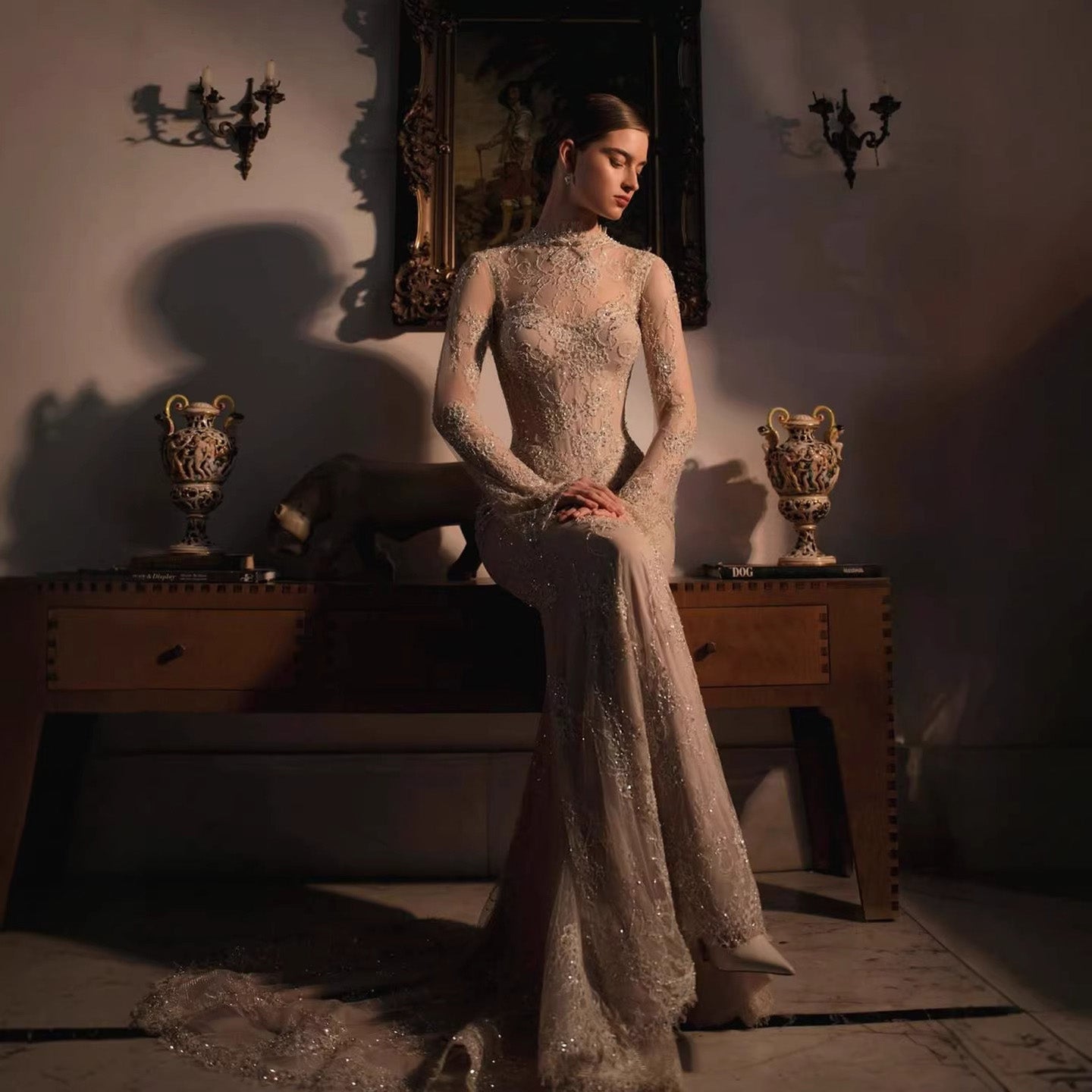 Luxury Nude Beaded Lace Long Sleeve Mermaid Evening Dress LA72545A