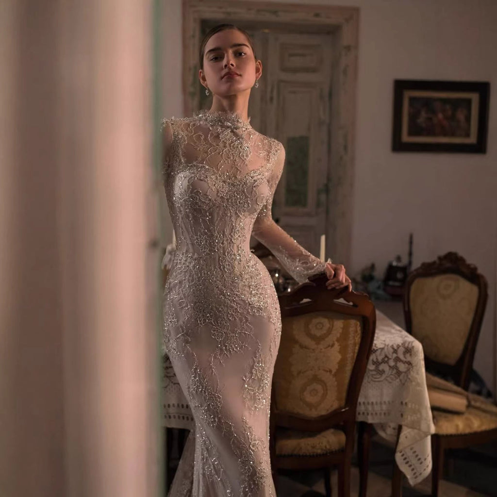 Luxury Nude Beaded Lace Long Sleeve Mermaid Evening Dress LA72545A