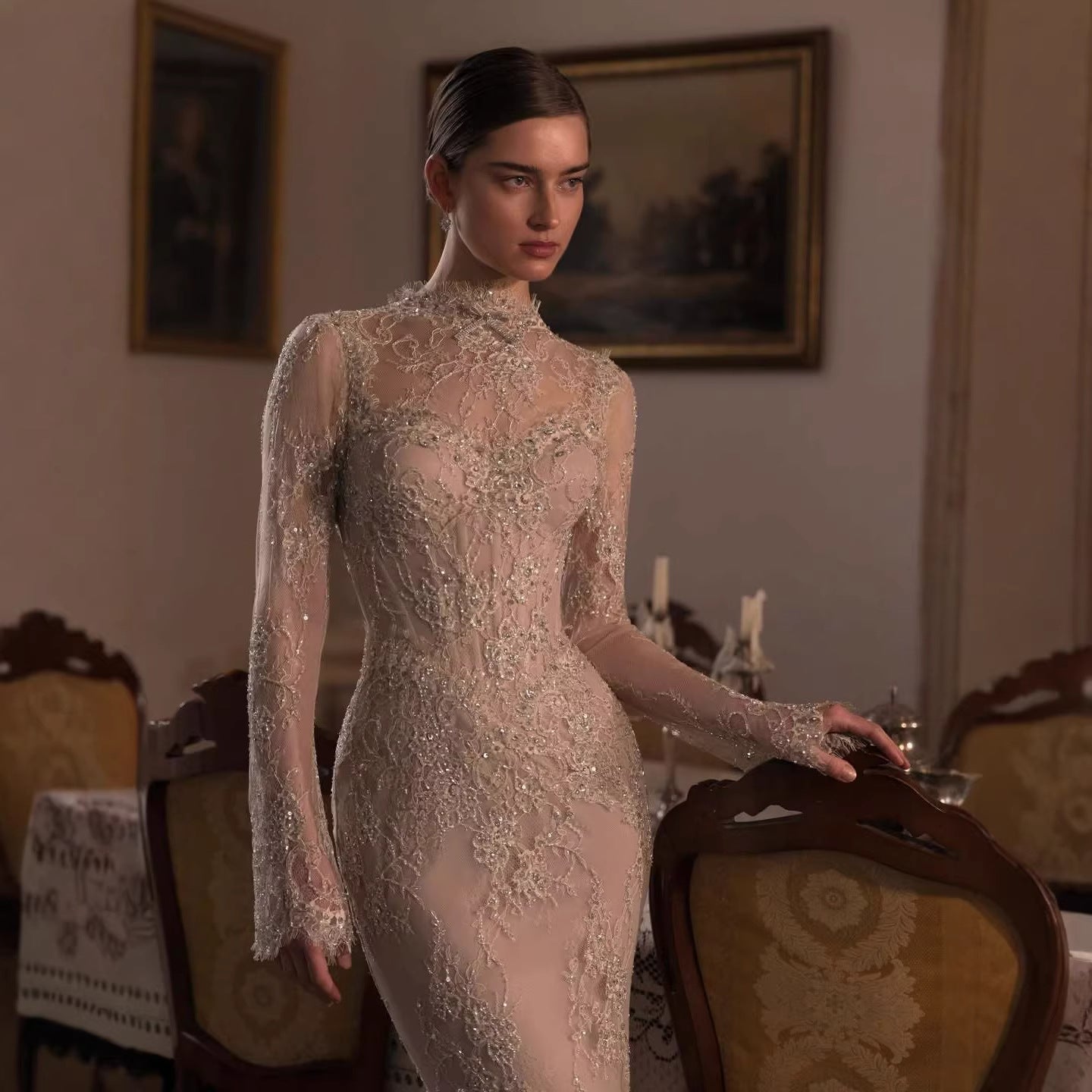 Luxury Nude Beaded Lace Long Sleeve Mermaid Evening Dress LA72545A