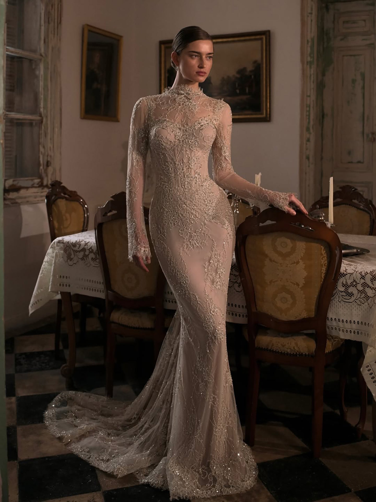 Luxury Nude Beaded Lace Long Sleeve Mermaid Evening Dress LA72545A