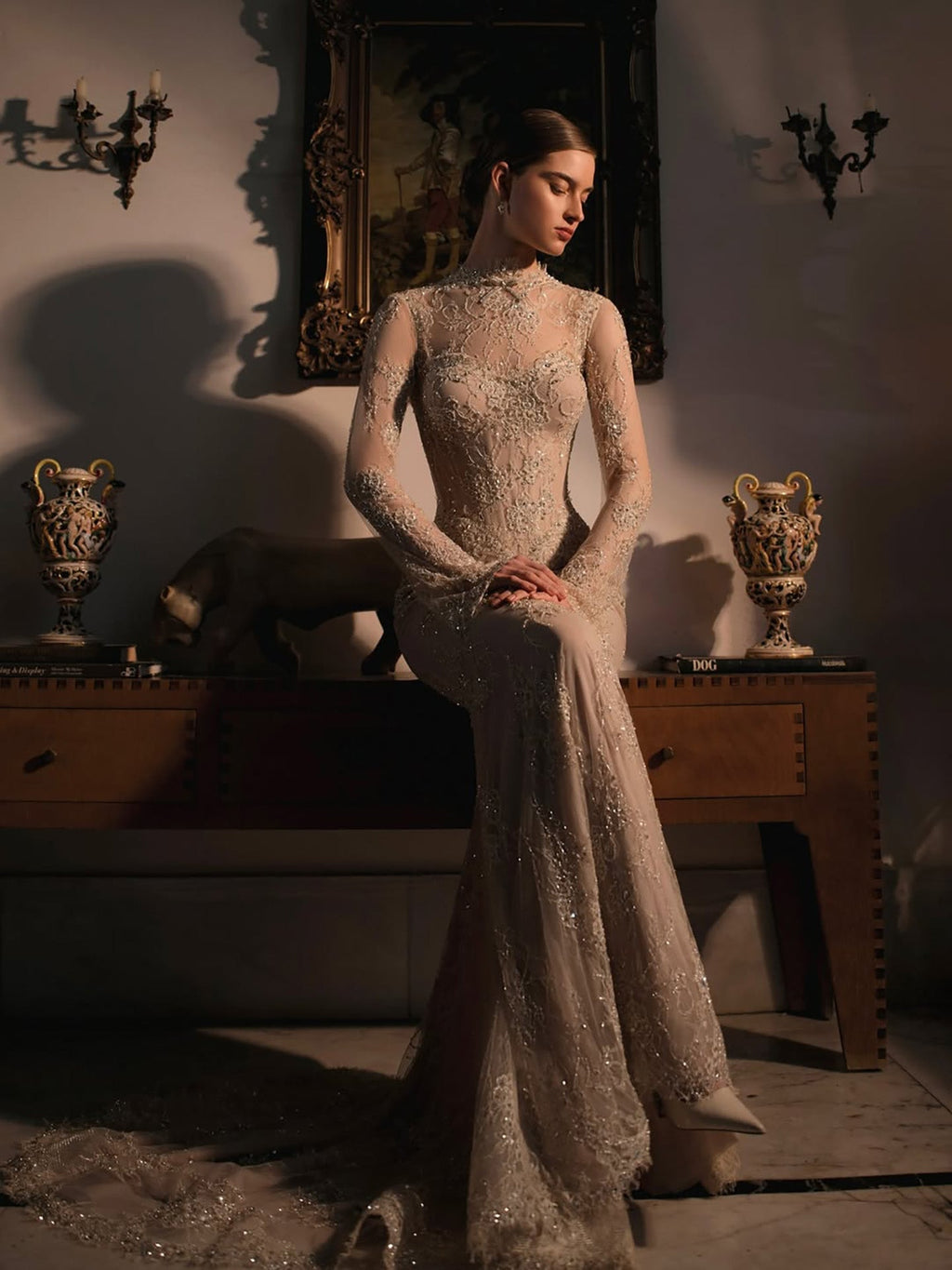 Luxury Nude Beaded Lace Long Sleeve Mermaid Evening Dress LA72545A