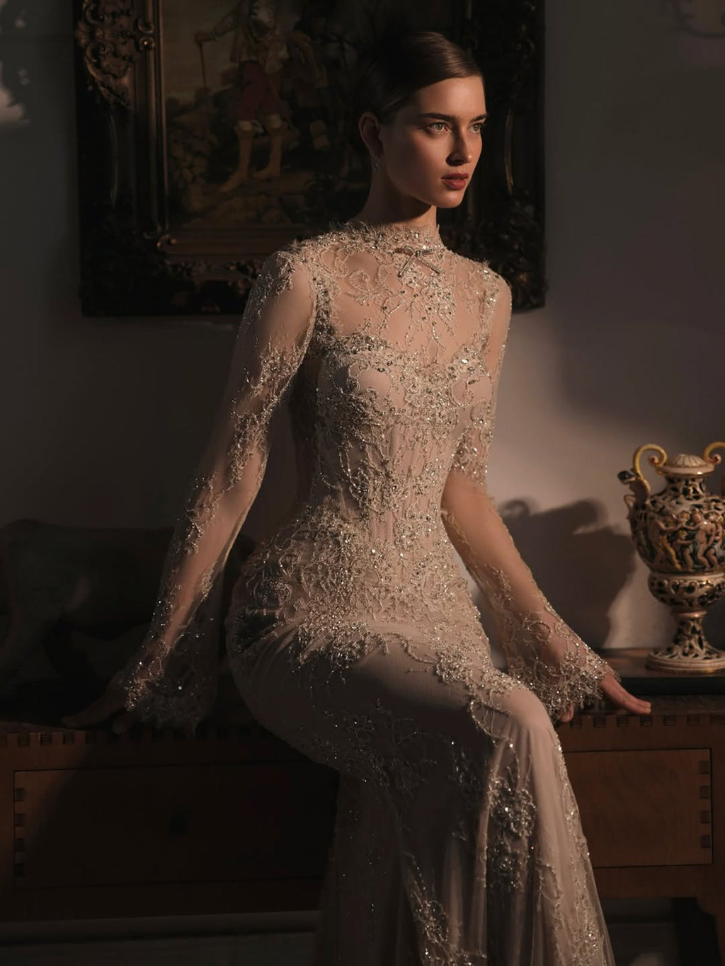 Luxury Nude Beaded Lace Long Sleeve Mermaid Evening Dress LA72545A