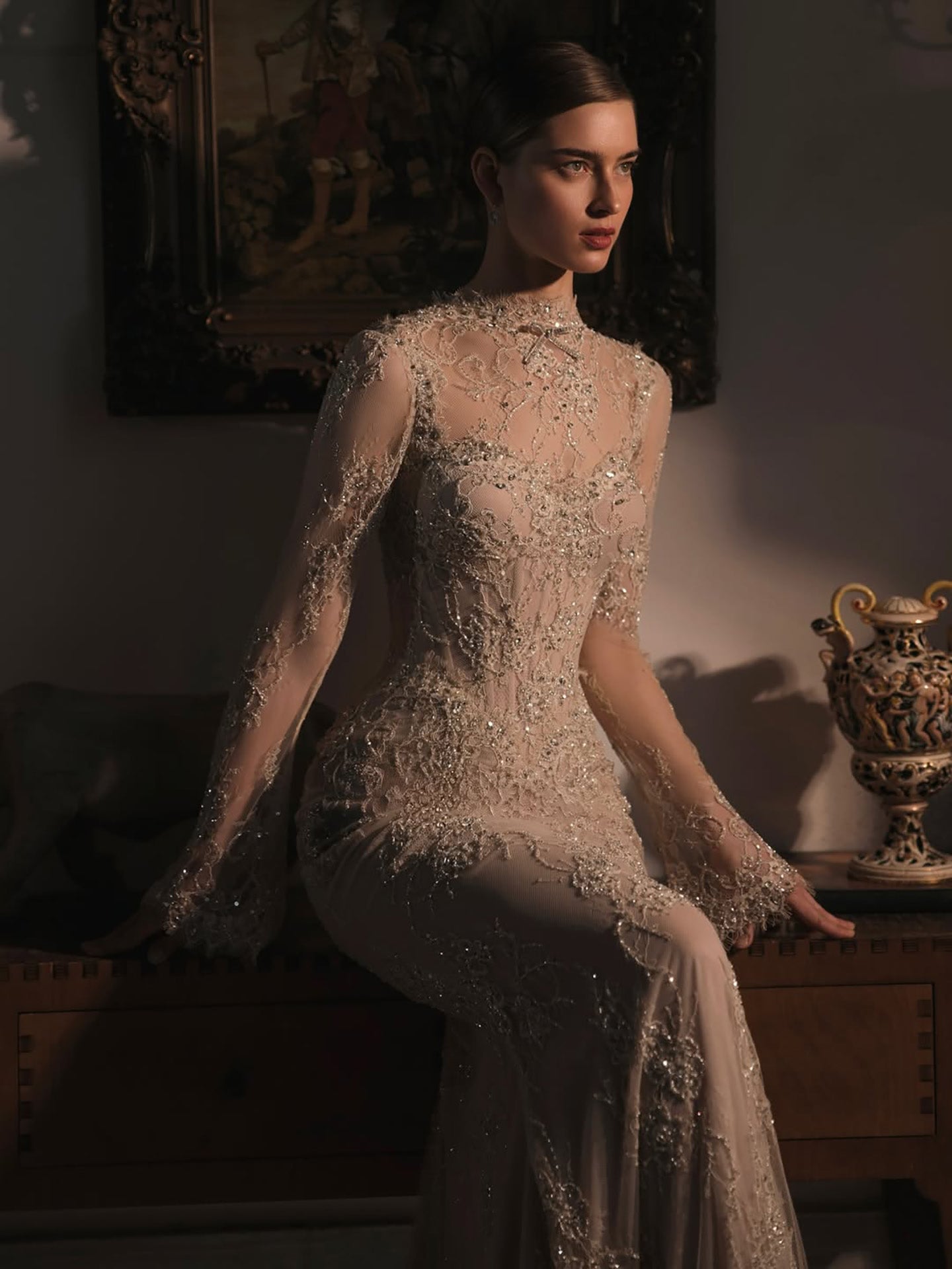 Luxury Nude Beaded Lace Long Sleeve Mermaid Evening Dress LA72545A