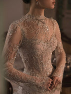 Luxury Nude Beaded Lace Long Sleeve Mermaid Evening Dress LA72545A