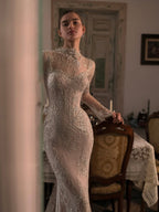 Luxury Nude Beaded Lace Long Sleeve Mermaid Evening Dress LA72545A