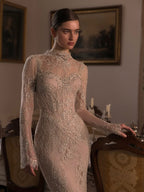 Luxury Nude Beaded Lace Long Sleeve Mermaid Evening Dress LA72545A