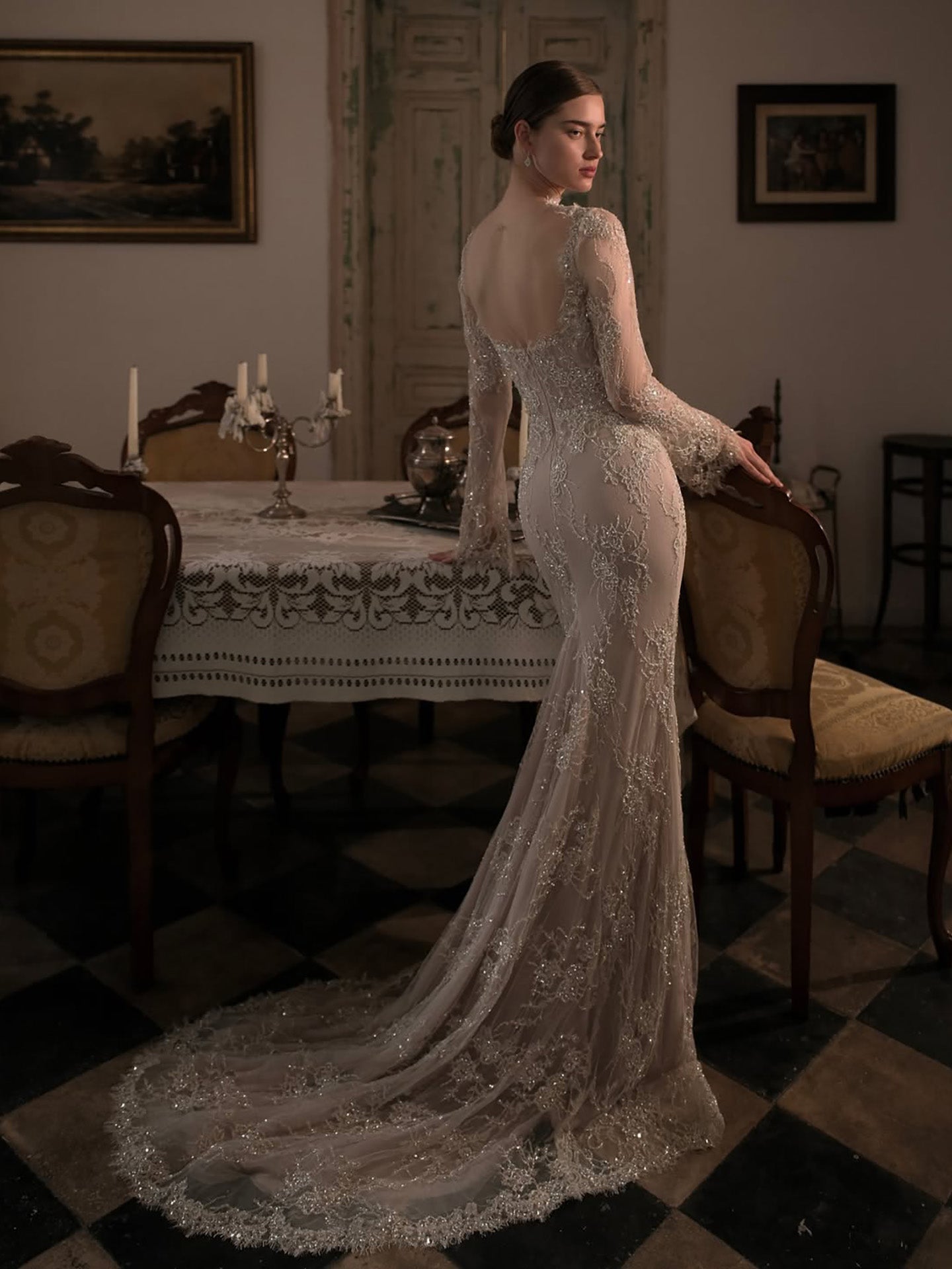 Luxury Nude Beaded Lace Long Sleeve Mermaid Evening Dress LA72545A