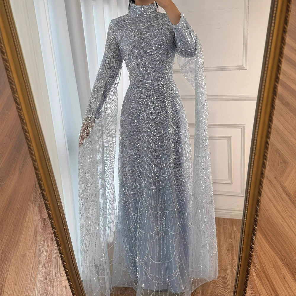 Arabic Modest For Muslim Women Hijab A-Line Cape Sleeves Evening Dress CLA72591