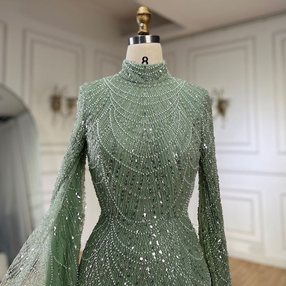 Arabic Modest For Muslim Women Hijab A-Line Cape Sleeves Evening Dress CLA72591
