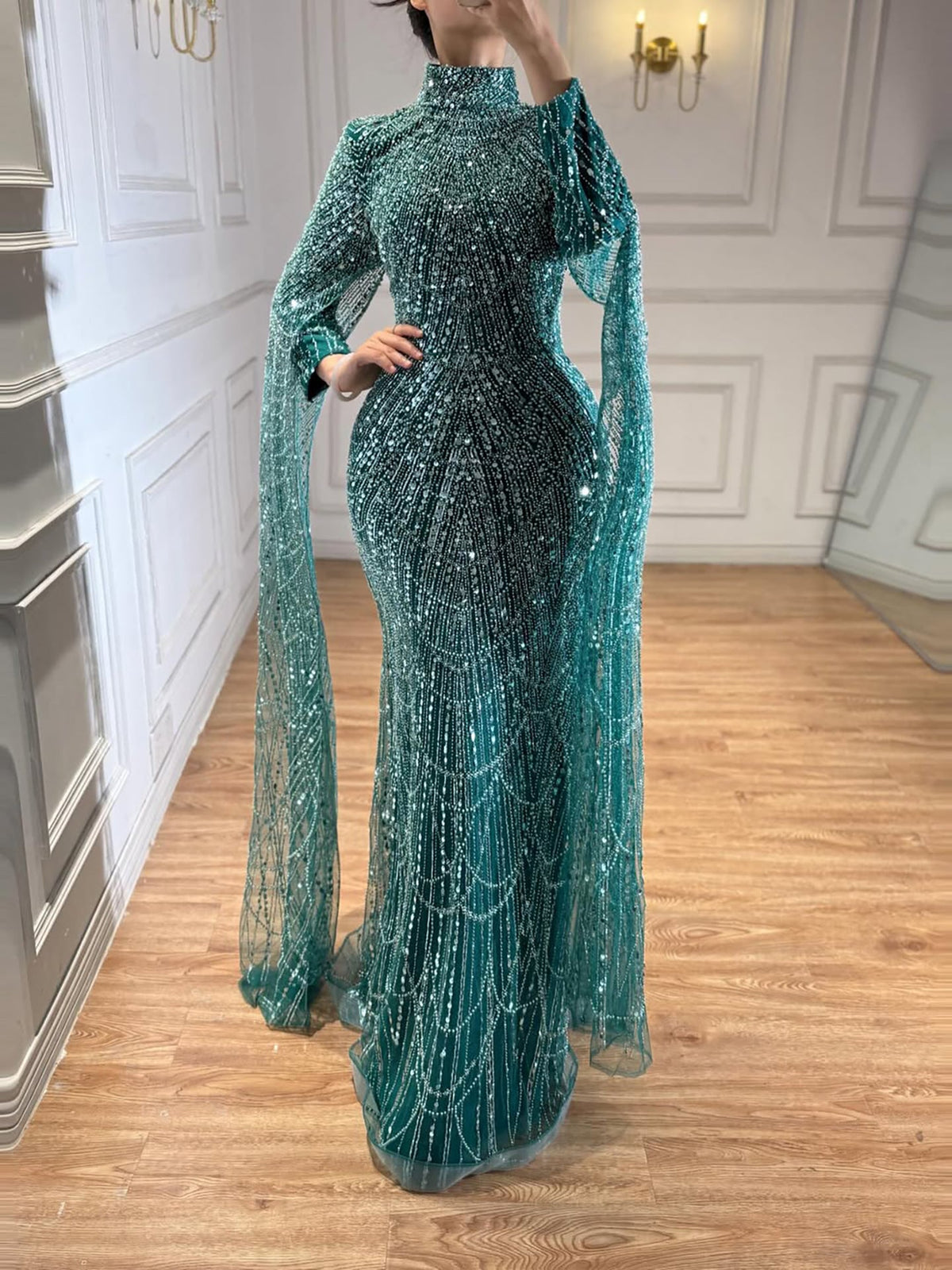 Arabic Modest For Muslim Women Hijab A-Line Cape Sleeves Evening Dress CLA72591