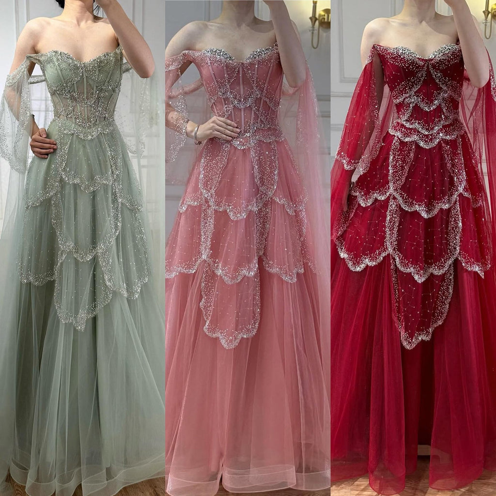 Luxury Arabic Sage Green Beaded A-Line Evening Dress with Cape CLA72605A