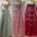 Luxury Arabic Sage Green Beaded A-Line Evening Dress with Cape CLA72605A