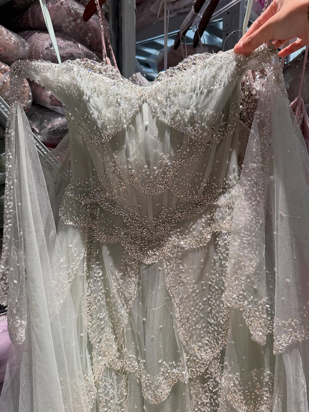 Luxury Arabic Sage Green Beaded A-Line Evening Dress with Cape CLA72605A