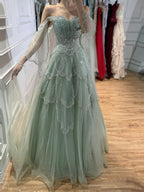 Luxury Arabic Sage Green Beaded A-Line Evening Dress with Cape CLA72605A