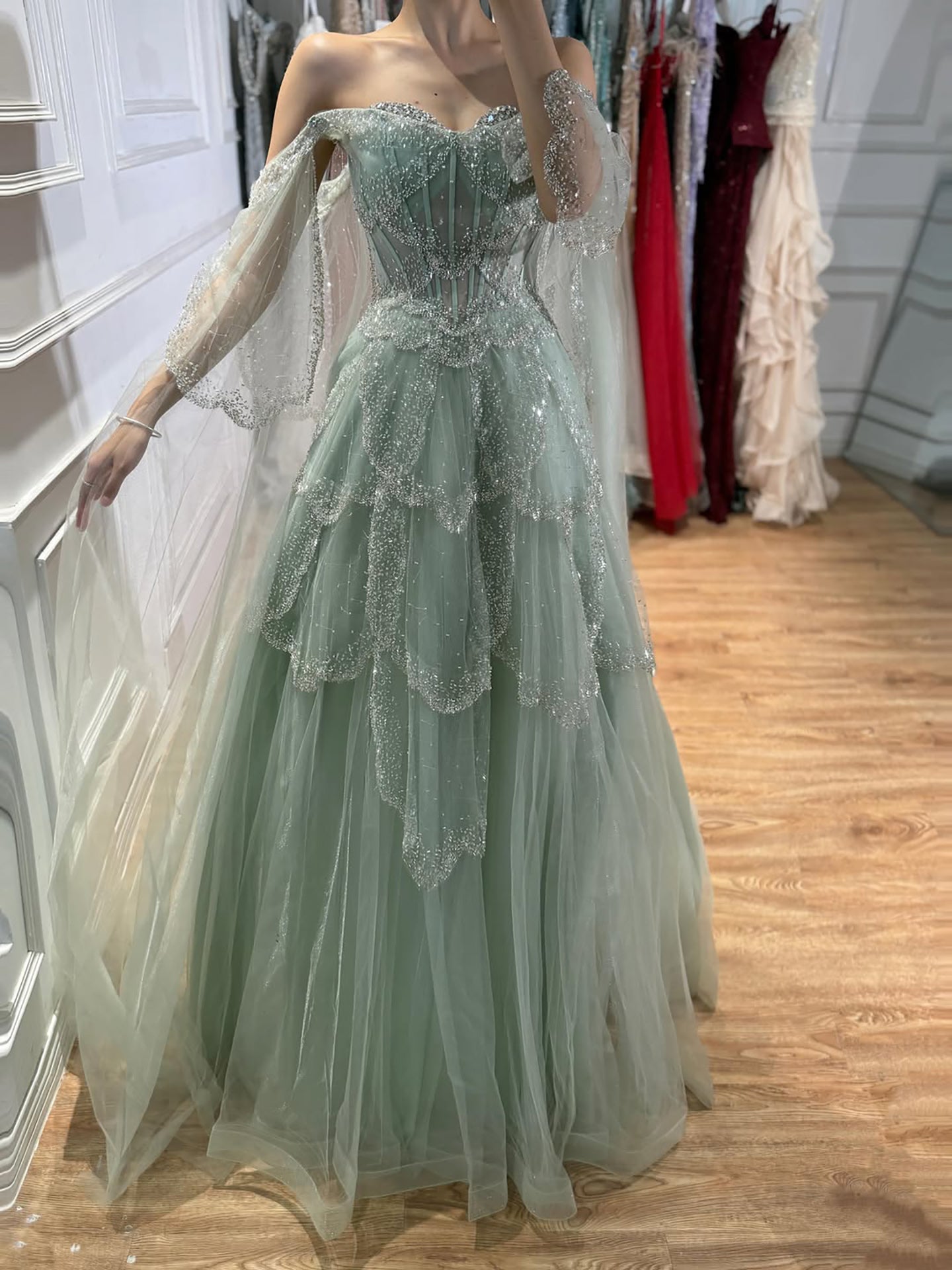 Luxury Arabic Sage Green Beaded A-Line Evening Dress with Cape CLA72605A