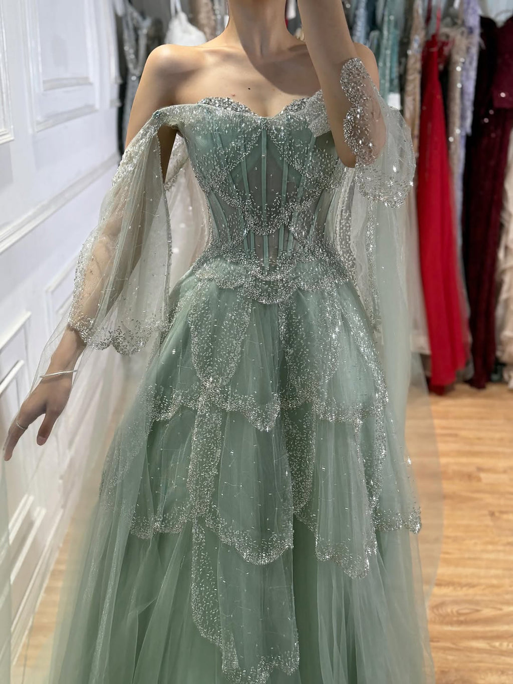 Luxury Arabic Sage Green Beaded A-Line Evening Dress with Cape CLA72605A