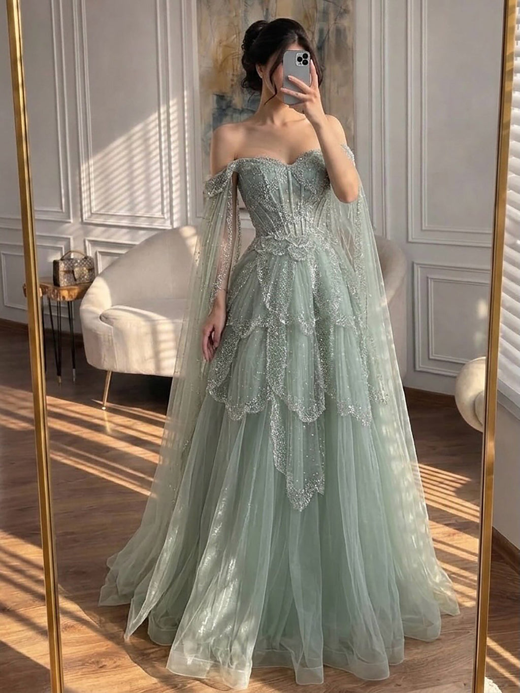 Luxury Arabic Sage Green Beaded A-Line Evening Dress with Cape CLA72605A