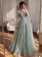 Luxury Arabic Sage Green Beaded A-Line Evening Dress with Cape CLA72605A