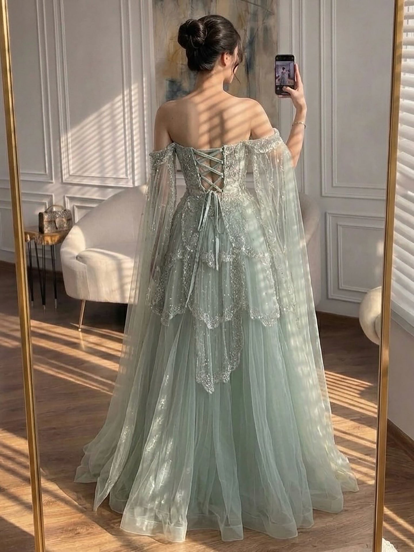 Luxury Arabic Sage Green Beaded A-Line Evening Dress with Cape CLA72605A