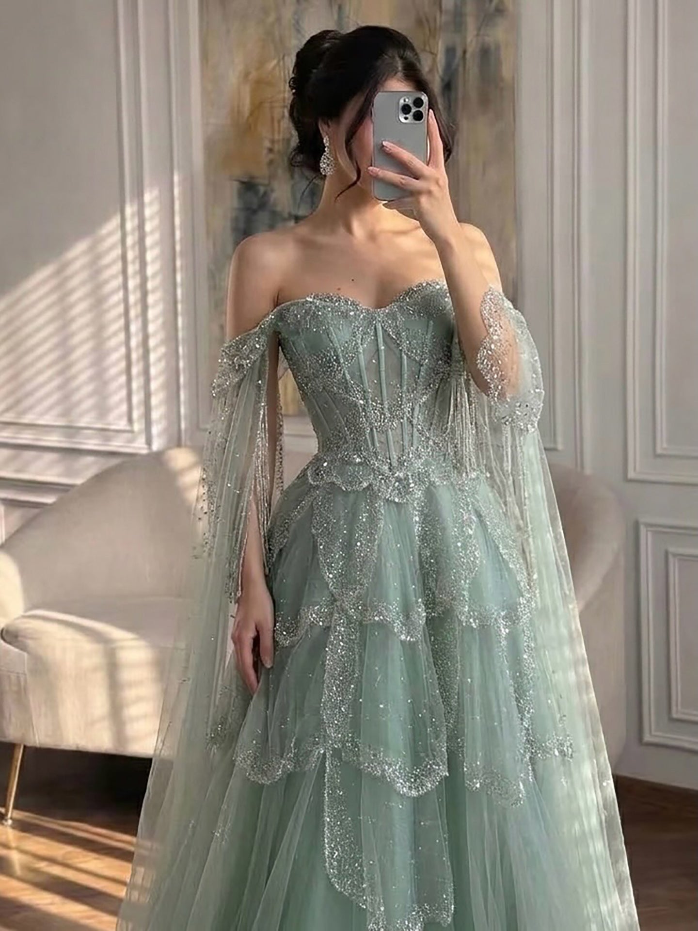 Luxury Arabic Sage Green Beaded A-Line Evening Dress with Cape CLA72605A