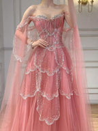 Luxury Arabic Sage Green Beaded A-Line Evening Dress with Cape CLA72605A