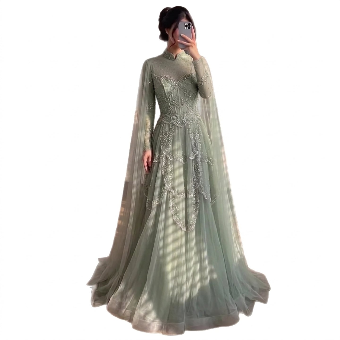 Luxury Sage Green Beaded Evening Dress with Cape CLA72605B
