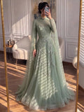 Luxury Sage Green Beaded Evening Dress with Cape CLA72605B